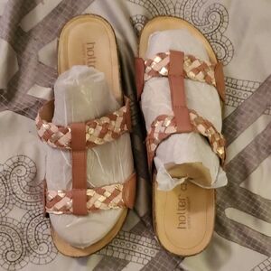 Hotter Braided leather Sandals in Mauve Tan Pink and Gold Women's 11 LIKE NEW